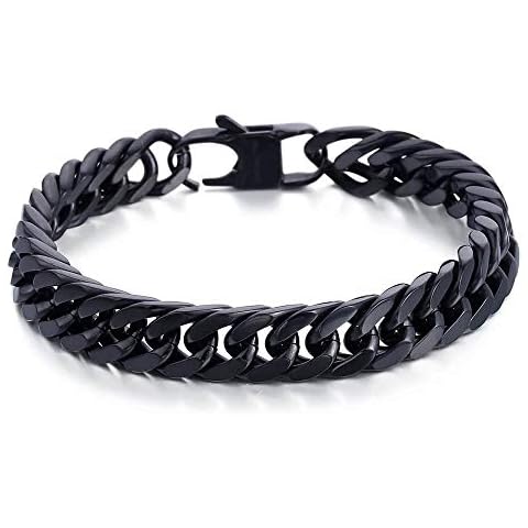 Hermah Mens Bracelet Chain 316L Stainless Steel Black Punk Double Curb Cuban Rombo Link 10mm 9inch Cover