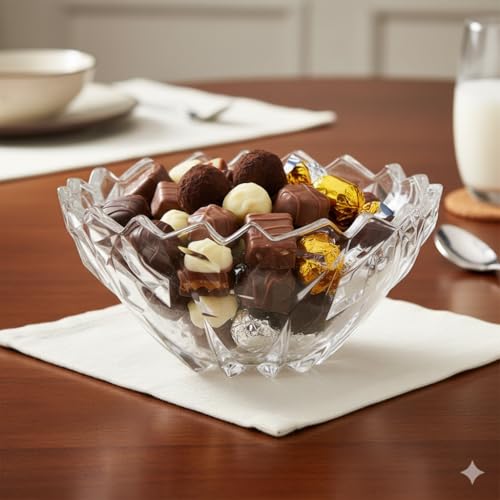 Image of Decorative Crystal Glass Fruit Bowl 12 Inch Set of 1, Elegant Diamond Cut Design Serving Centerpiece for Dining Table, Kitchen Counter, or Living Room