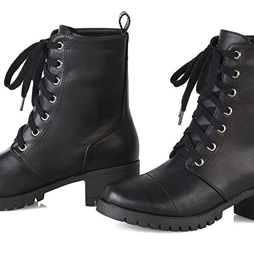 Essex Glam Womens Lace Up Military Booties Ladies Black Synthetic Leather Zip Up Cleated Sole Mid Block Heel Chunky Combat Ankle Boots Shoes 10 B(M) Us #TOP4