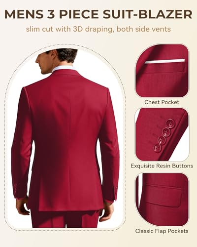 Image of Men's 3 Piece Slim Fit Suit Set, Two Button Blazer Solid Jacket Vest Pants Wedding Business Suit