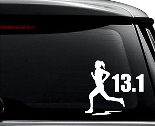 Woman 13.1 Km Half Marathon Runner Decal Sticker For Use On Laptop, Helmet, Car, Truck, Motorcycle, Windows, Bumper, Wall, and Decor Size- [6 inch] / [15 cm] Wide / Color- Matte Black