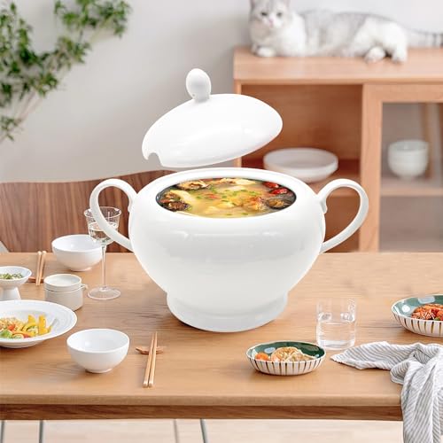 image for REANRO Porcelain Soup Tureen with Lid and Ladle Set, Double-Ear Covere