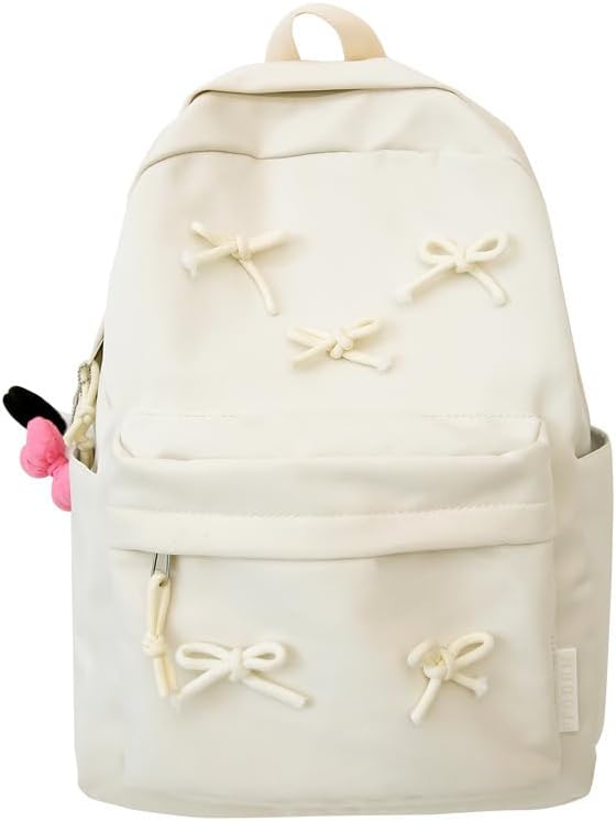 2025 Trendy Cute Bowknot Backpack for Women Laptop Daypack Y2k Preppy Aesthetic Backpack Kawaii Coquette Backpack (White)