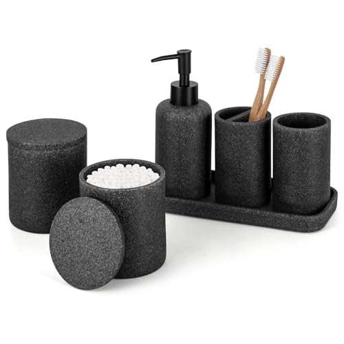 ZCCZ Black Stone Bathroom Accessories Set 6 Pieces - Toothbrush Holder Lotion Dispenser Qtip Container Vanity Tray Tumbler - Countertop Organizer for Bathrooms - Elegant and Functional Dcor Set