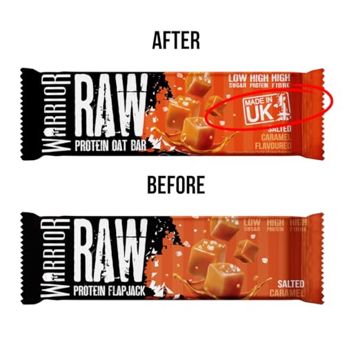 Warrior Raw Protein Bars – 12 x 75g High Protein Snack – High Fibre, Low Sugar – Ideal Meal Replacement or Healthy Nutrition Energy Snacks - Oat Bar Flapjacks – UK Made (Salted Caramel)