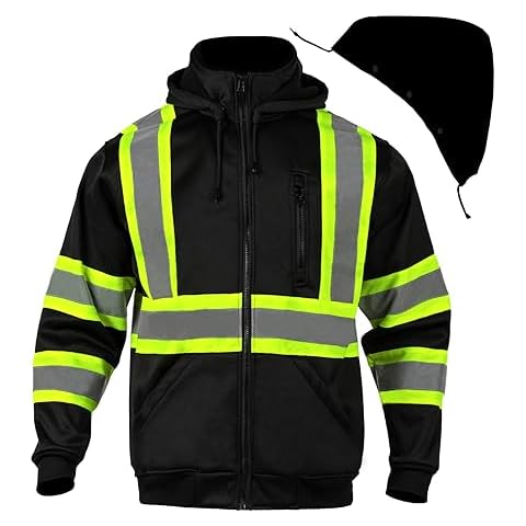 FONIRRA High Visibility Hoodie for Men Reflective ANSI Class 3 Detachable Hood Safety Sweatshirts Hi Vis Construction Work Jackets Black Cover
