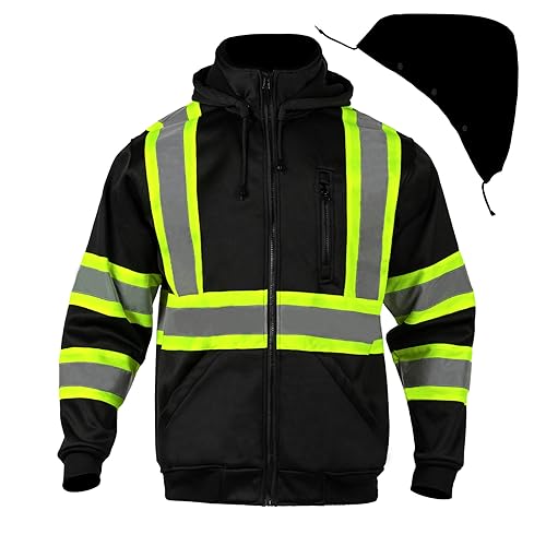FONIRRA High Visibility Hoodie for Men Reflective ANSI Class 3 Detachable Hood Safety Sweatshirts Hi Vis Construction Work Jackets Black
