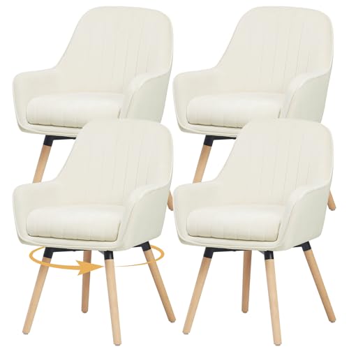 ELUCHANG Chaises de Salle à Manger Lot de 4, 360° Pivotable, 12cm Coussin pour Fauteuils avec Accoudoirs Hauts, Crème Blanc Velours, Charge 150KG, Chaises...