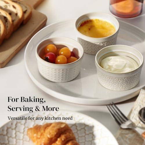 Dowan Ramekins 4 oz Oven Safe Set of 6, Arctic White Porcelain Baking Bowls and Ceramic Condiment Cups for Creme Brulee, Souffle, Pudding, Custard, Dipping Sauce and Small Charcuterie Boards - Image 6