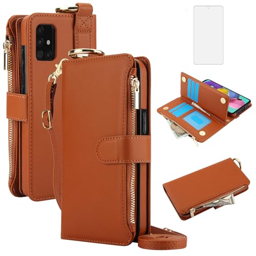 Asuwish Phone Case for Samsung Galaxy A51 4G Zipper Wallet with Tempered Glass Screen Protector Strap Card Holder RFID Blocking Stand Flip Cell Cover A 51 M40S 51A A515F S51 Women Girls Brown