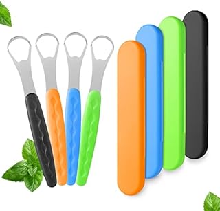 Annhua 4 Pack Tongue Brush, Stainless Steel Tongue Scraper Tools with Mini Storage Case, Tongue Cleaner for Prevent Bad Breath & Keep Oral Fresh