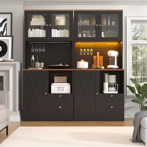 Image of 71 inch Tall Coffee Bar Cabinet with Storage Hutch, Farmhouse Kitchen Pantry Cabinet with LED Lights Microwave Stand and Glass Holder for Home Dining Room Kitchen (Black)