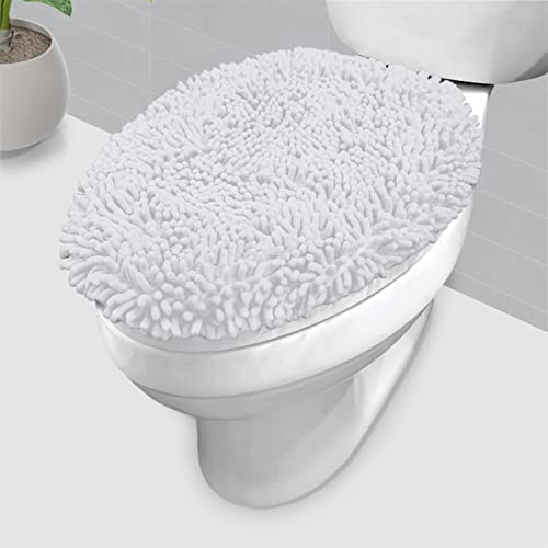LuxUrux Toilet Lid Cover with Stretch Fit Elastic Band â€“ Chenille Microfiber Toilet Seat Non-Slip Cover for Bathroom â€“ Soft Plush, Machine Wash And Dry, Comfort & Clean Look (18 x 21'', White)