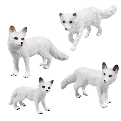 Bbiamsleep 4 Pieces White Fox Animal Figurines Mini Animals Set Realistic Arctic Fox Family Figurines for Cake Topper Party Christmas Birthday Supplies