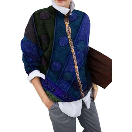 Womens Vintage Geometric Pattern Button Down Crew Neck Cardigan Sweater Casual Loose Floral Printed Long Sleeve Coat