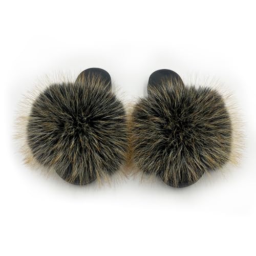 Image of Women's Faux Fur Slides Slippers Fluffy Fuzzy Sandals Open Toe Furry Slide Flip Flop Indoor Outdoor