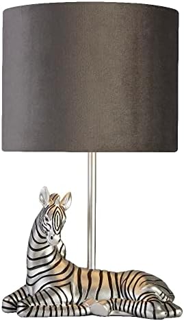 Silver & Black Zebra Vintage Table Lamp Light with Grey Velvet Drum Shade | 350mm Height | 1 x E27 ES Lamp Bulb Required (Not Included) | 3 Pin Plug | in-line Switch | Suitable for LED