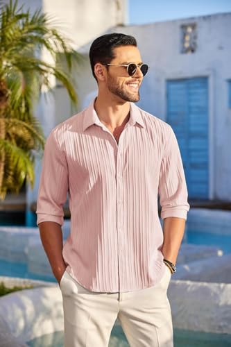Image of DEELMO Men's Button Down Dress Shirts Textured Long Sleeve Casual Hawaiian Beach Shirt