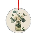 Tarro con flores de marfil, hojas de eucalipto, adornos colgantes de cristal para decoración de árbol de Navidad