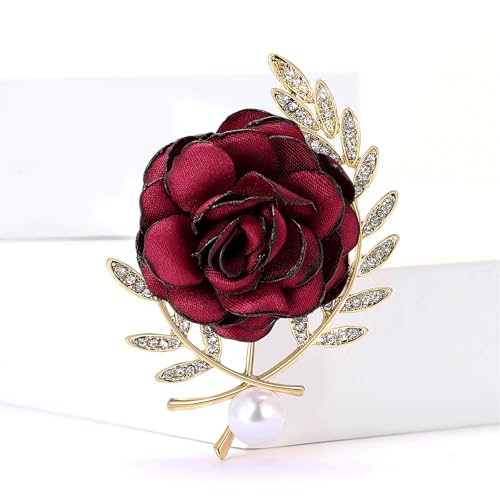 Image of Rose Brooch for Women,Dainty Satin Fabric Flower Lapel Pins Vintage Elegant Pearl Brooches Handmade Crystal Pearl Pins Silk Camellia Safety Collar Pin Dress Suit Accessories Wedding Bridal Bouquet Jewelry