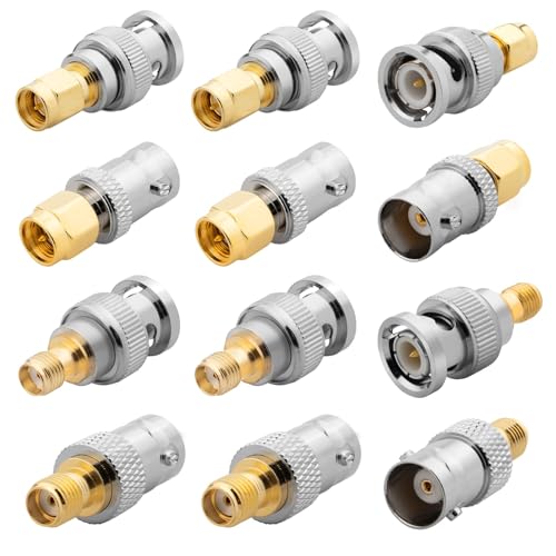 Anina 12-Pack SMA to BNC Adapter Kit 50 Ohm RF Coaxial Connectors Gold Plated Brass Complete Male/Female Set for RF Radio, Antenna, TV, Test Equipment