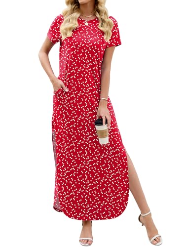 Image of Heymoments Womens Summer Maxi Dress Short Sleeve Casual Loose Long T Shirt Split Vacation Beach Sundress with Pockets