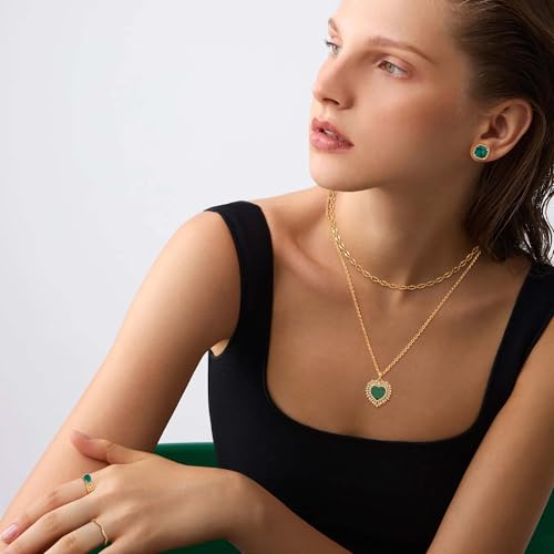 Fettero Necklaces for Women Trendy 14K Gold Plated Charm Necklace Green Malachite Heart Coin Butterfly Cross Clover Pendant Dainty Gold Necklace for Women Jewelry