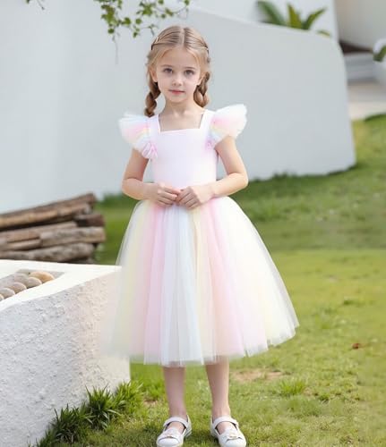 Image of Tutu.kk Toddler Girls Vintage Party Dress Ruffled Sleeve A-Line Tulle Flower Girl Dresses for Wedding,Birthday