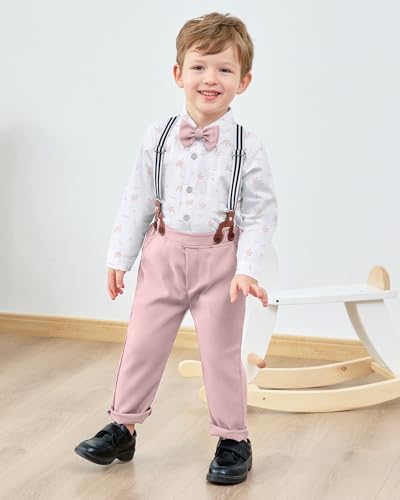 Image of YALLET Toddler Baby Boy Clothes Suit Gentleman Wedding Outfits Formal Dress Shirt+Bowtie+Suspender Pants