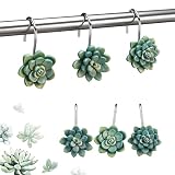 Amyhill 12 Pcs Succulents Plants Decorative Cute Shower Curtain Hooks Mini Succulents Green Shower Curtain Rings Bulk Hanger Stainless Steel Resin Plant Theme Hooks for Bathroom Bedroom Home Decor