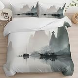 Bettwäsche Set 240 x 220 cm, Chinesische Landschaftsmalerei Elegant Bettbezug Set 3D Bedruckte 3-Teiliges mit Reißverschluss und 2 Kissenbezug 80x80cm Moderne Bedruckte Bettwäsche-Sets, Grau