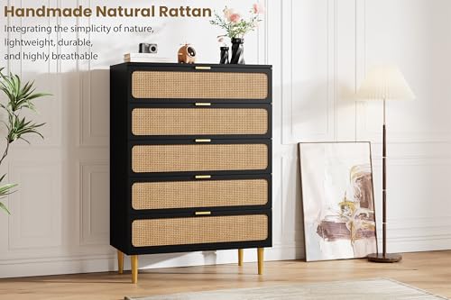 GarveeHome Rattan 5 Drawer Dressers for Bedroom, Tall Dresser with Deep Drawers, Large Chest of Drawers for Closet with Wide Top, Long Wooden Dresser for Living Room, Hallway, Kids Room, Black