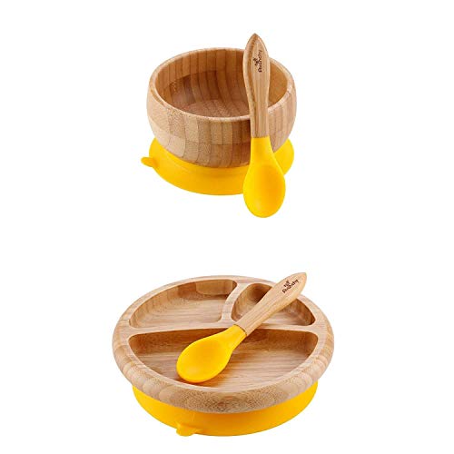 Image of Avanchy Bamboo Baby Bowl & Spoon - 5" x 3" + Avanchy Bamboo Baby Suction Plate - 7" x 2" (Yellow)