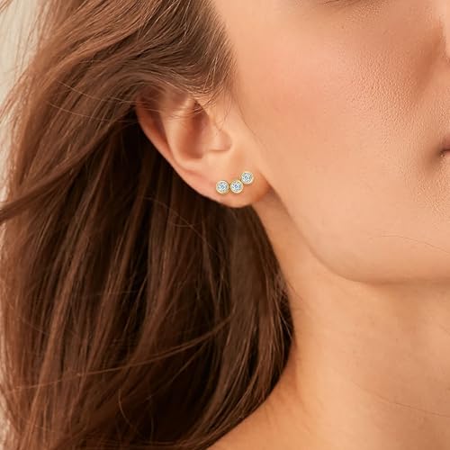 3-Stones Bezel Stud Earrings, 3MM D Color Round Cut Moissanite, 925 Sterling Silver Earrings Elegant Jewelry Gifts for Women, Wife, Mom - Gold2