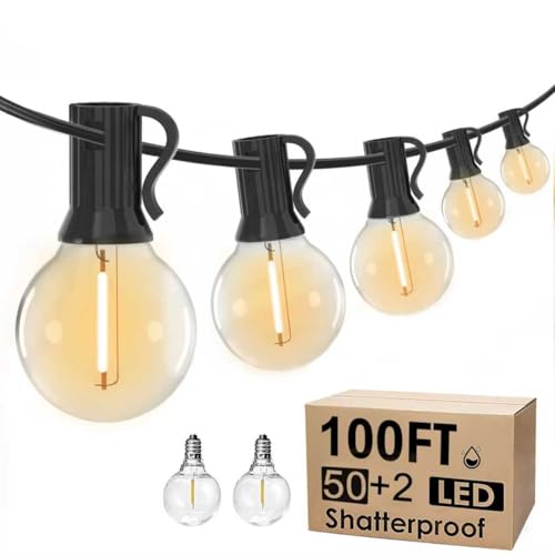 yaojin LED String Lights 100FT Outdoor - 50 Shatterproof G40 Bulbs +2 Spare, Waterproof Connectable for Patio Garden Party (Warm White 2700K)