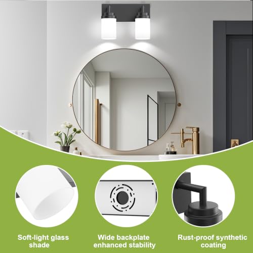 Image of Bathroom Light Fixtures, Matte Black Bathroom Lighting Fixtures Over Mirror, Modern Vanity Light with White Glass Shade, Restroom Lighting Fixtures, 2-Light 13-inch