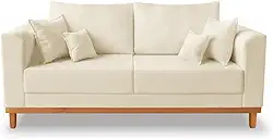 Sofá 3 Lugares Retro Sala de Estar Beny Suede Bege Madeira Prima Deccor