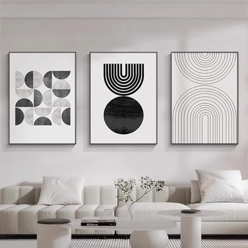 Abstract Canvas Poster Set of 3 Black White Grey Geometric Line Pictures Modern Minimalist Living Room Canvas Pictures Without Frame (Black White, 50 x 70 cm)