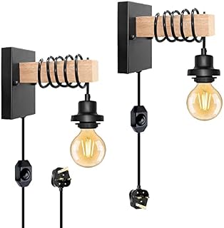 Industrial Plug in Wall Light, 2 Pack Industrial Wall Lamp, E26/E27 Black Wall Light, Vintage Wooden Wall Sconce with 15CM Wood and 180CM Dimming Switch Cable for Bedroom Reading Sconce