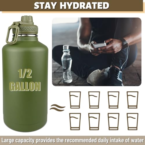 Image of Half Gallon Water Bottle with Sleeve - 64 Oz Insulated Water Jug with Handle - Green Stainless Steel Sports Water Bottle for Gym Workout Hiking Tactical Bottle Holder with Pouch Camo