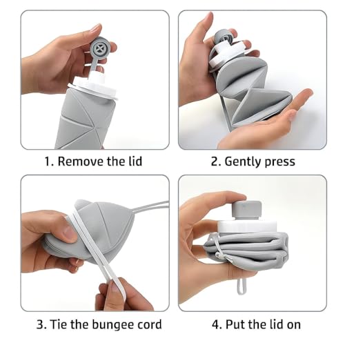 Image of Folding Silicone Sports Water Bottle | Collapsible BPA-Free Travel Bottle | Leakproof Lightweight Water Bottle for Gym Hiking Camping Outdoor | Reusable Foldable Bottle with (Grey)