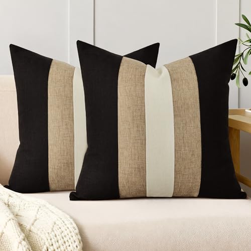 QoBexim Patchwork Pillow Covers 18x18 Inch Set of 2 Black and Khaki Linen Decorative Throw Pillow Covers Farmhouse Modern Accent Square Cushion Cover for Couch Sofa Bed Home Decor