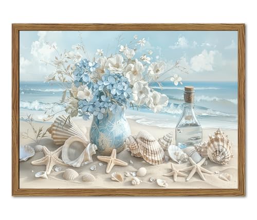 Framed Beach Canvas Wall Art, Blue Coastal Pictures Wall Decor