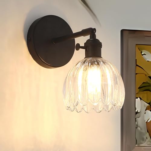Image of Vintage Wall Sconce - 180 Adjustable Black Wall Light with Clear Tulip Glass Shade, Hardwired Sconces for Bedroom, Living Room & Hallway (3000K Bulb Included)