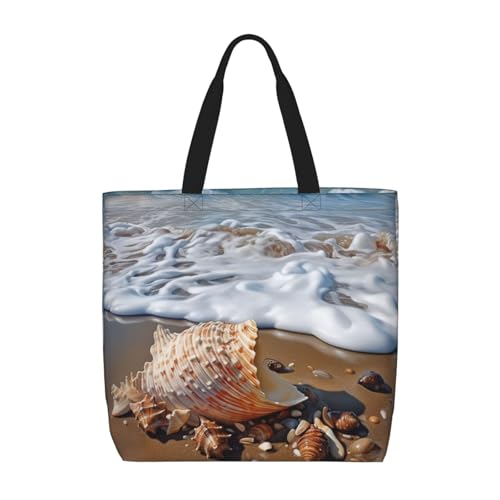 Sea and shells Tote Bag for Women, Zipper Casual Tote's Handbag for Travel, Work, Lightweight Laptop Bags Big Capacity Shoulder Bag Reusable Grocery Shopping Bags
