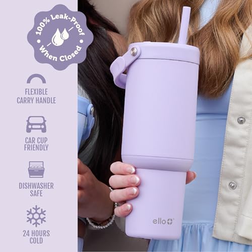 Image of Ello Oasis Go+ 26oz Tumbler with Top Handle and Retracting Straw | Reusable Insulated Stainless Steel Cup, 100% Leakproof Water Bottle, 24 Hours Cold, Cup Holder Friendly For Travel | Orchid