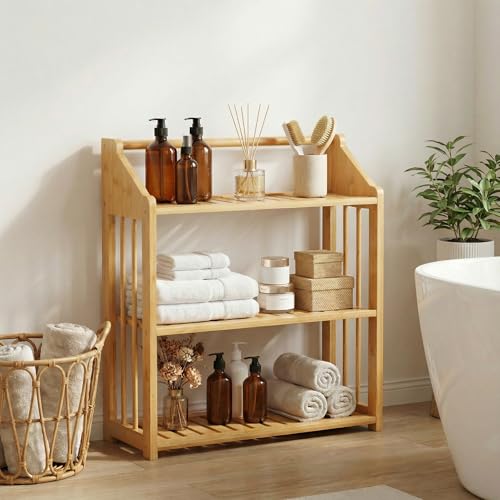 Image of Goaste Bamboo Over The Toilet Storage Shelf, 3-Tier Wall Mounted Bamboo Rack Organizer, Floating Rack with Hanging Rod, Free Standing Shower Shelf with Adjustable Layer for Kitchen, Bathroom, Home