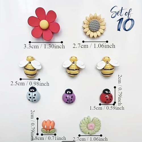 Image of Store2508 Set of 10 Cute Flower & Bug Fridge Magnets for Home Kitchen Decor | Strong Decorative Magnets for Whiteboard Refrigerator Memo Photos | Lightweight Sunflower Daisy Bee Ladybug Magnet Set