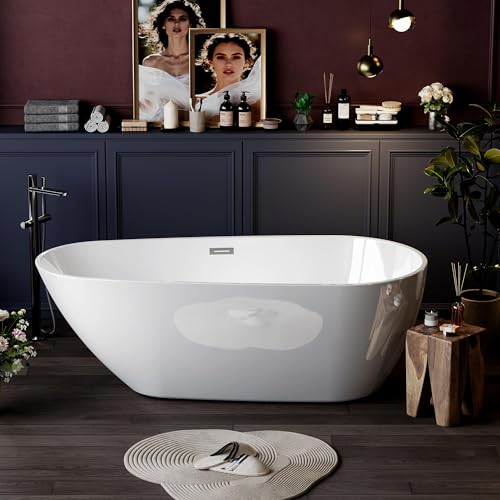 Image of 67 Inch Acrylic Freestanding Bathtub, Deep White Oval Pearl-Shape Soaking Tub, Modern Stand Alone Bathtub with Non-Slip Base, Chrome Overflow & Pop-Up Drain, Easy Assembly for Bathroom, Home, Spa