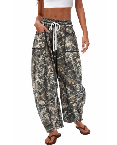 CHANGEOWN Barrel Pants for Women, Wide Leg Baggy Sweatpants Drawstring High Waisted Lounge Trousers with Pockets, Relaxed Fit Casual Pants,RealTreeB, 2XL
